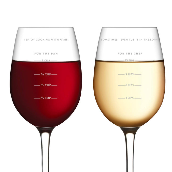 Fred & Friends Sauced Measurer Wine Glass, clear glass with measurement markings, designed as a gift for wine enthusiasts.