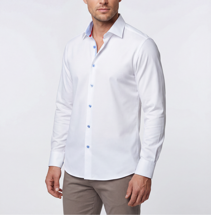 Scott// Fitted Cotton Knit-Stretch Button-Up Shirt w/Contrast Details - White