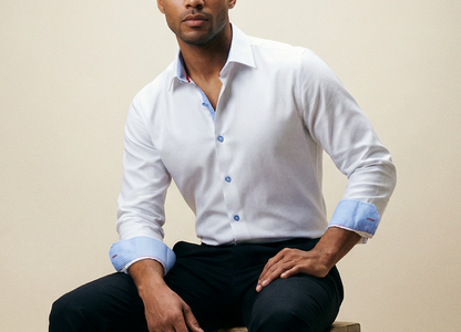 Scott// Fitted Cotton Knit-Stretch Button-Up Shirt w/Contrast Details - White