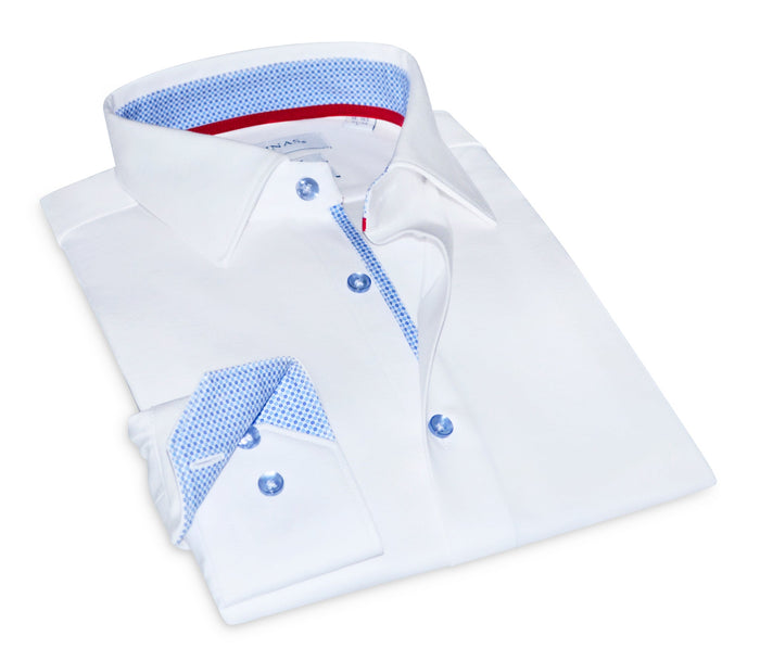 Scott// Fitted Cotton Knit-Stretch Button-Up Shirt w/Contrast Details - White