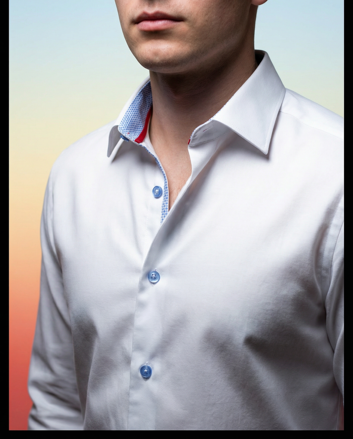 Scott// Fitted Cotton Knit-Stretch Button-Up Shirt w/Contrast Details - White