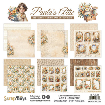 ScrapBoys - 8X8 Paper Pad - Paula's Attic. 12 sheets with 2 bonus on the back of the covers. Available at Embellish Away located in Bowmanville Ontario Canada.