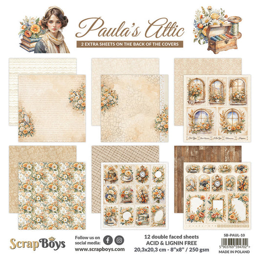 ScrapBoys - 8X8 Paper Pad - Paula's Attic. 12 sheets with 2 bonus on the back of the covers. Available at Embellish Away located in Bowmanville Ontario Canada.