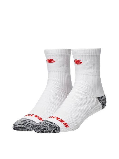 Three quarter view of Selkirk Courtlock Pickleball crew socks in white with gray toe and heel and red Selkirk logo on white background