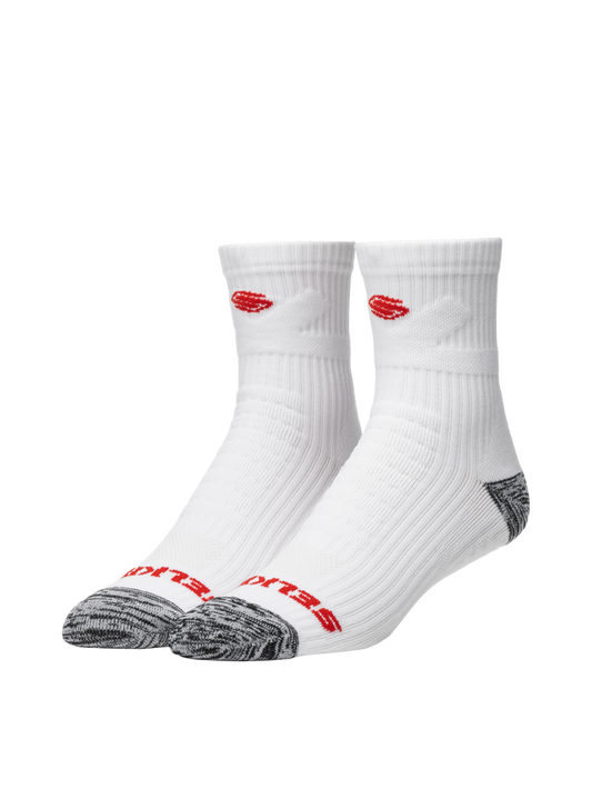 Three quarter view of Selkirk Courtlock Pickleball crew socks in white with gray toe and heel and red Selkirk logo on white background