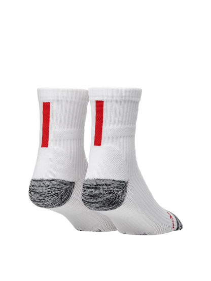 Rear three-quarter view of Selkirk Courtlock pickleball quarter socks showing red vertical heel stripe and gray cushioned heel and toe on white background