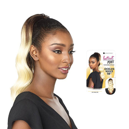 SENSATIONNEL ocean wave ponytail extension 18 inch in blonde modeled on woman with sleek ponytail