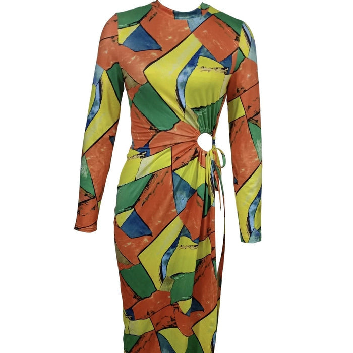 Sexy Block Printed Long Sleeved High Slit Dress