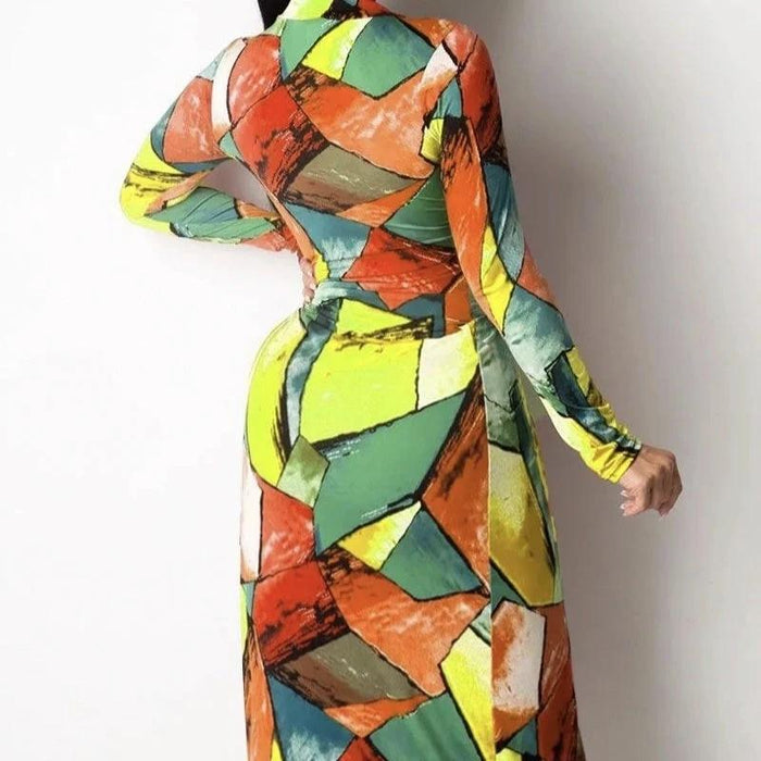 Sexy Block Printed Long Sleeved High Slit Dress