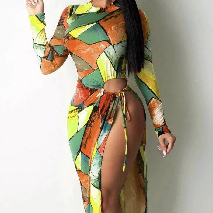 Sexy Block Printed Long Sleeved High Slit Dress