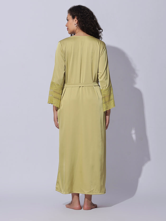Designer satin long robe and night gown set for women in shimmer gold