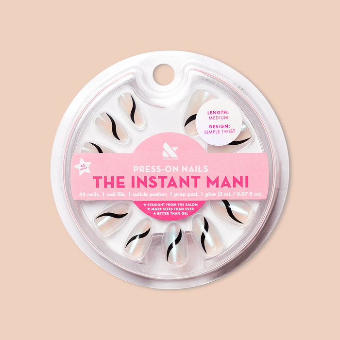 Simple Twist - Press-On | Medium | Almond neutral nails with black twist design in round clear packaging for quick press-on mani