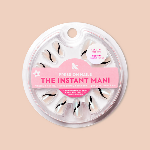 Simple Twist - Press-On | Medium | Almond neutral nails with black twist design in round clear packaging for quick press-on mani