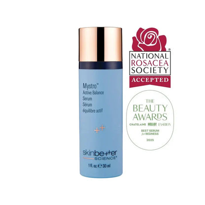 Bottle of SkinBetter Science Mystro Active Balance Serum for rosacea, 30ml, with dropper applicator, designed for sensitive skin.