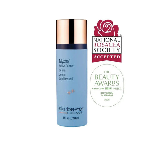 Bottle of SkinBetter Science Mystro Active Balance Serum for rosacea, 30ml, with dropper applicator, designed for sensitive skin.