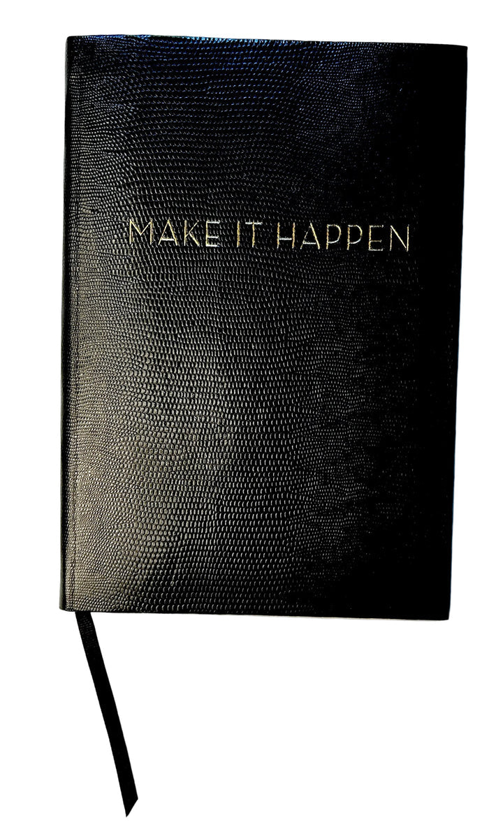 Black Sloane Stationery Make It Happen journal with lined pages and a sleek cover, ideal for home or office use.