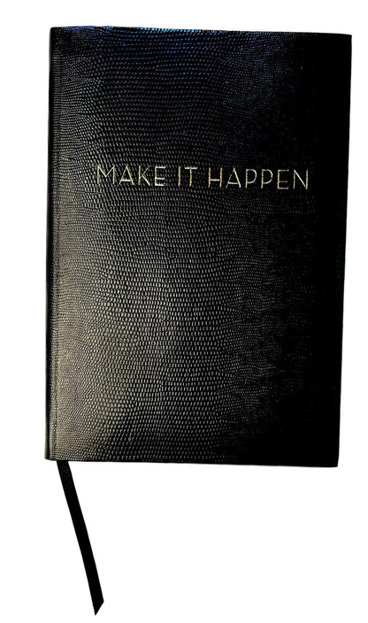 Black Sloane Stationery Make It Happen journal with lined pages and a sleek cover, ideal for home or office use.