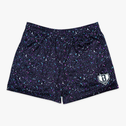 Black Splatter Galaxy youth shorts — front view