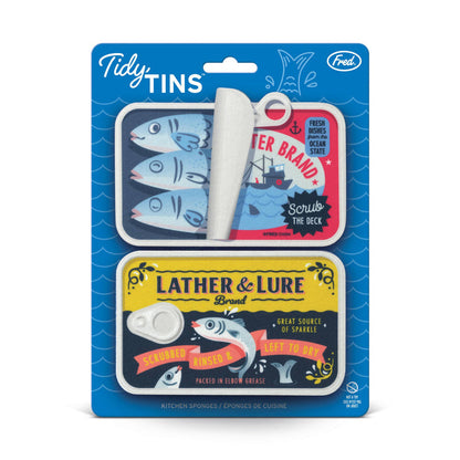 Set of two Fred & Friends TIDY TINS Sardines sponges with colorful sardine design, ideal for kitchen cleaning.