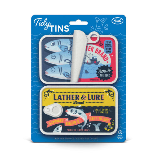Set of two Fred & Friends TIDY TINS Sardines sponges with colorful sardine design, ideal for kitchen cleaning.