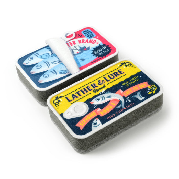 Set of two Fred & Friends TIDY TINS sardines sponges with colorful fish design for kitchen cleaning.