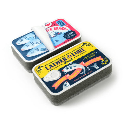 Set of two Fred & Friends TIDY TINS sardines sponges with colorful fish design for kitchen cleaning.