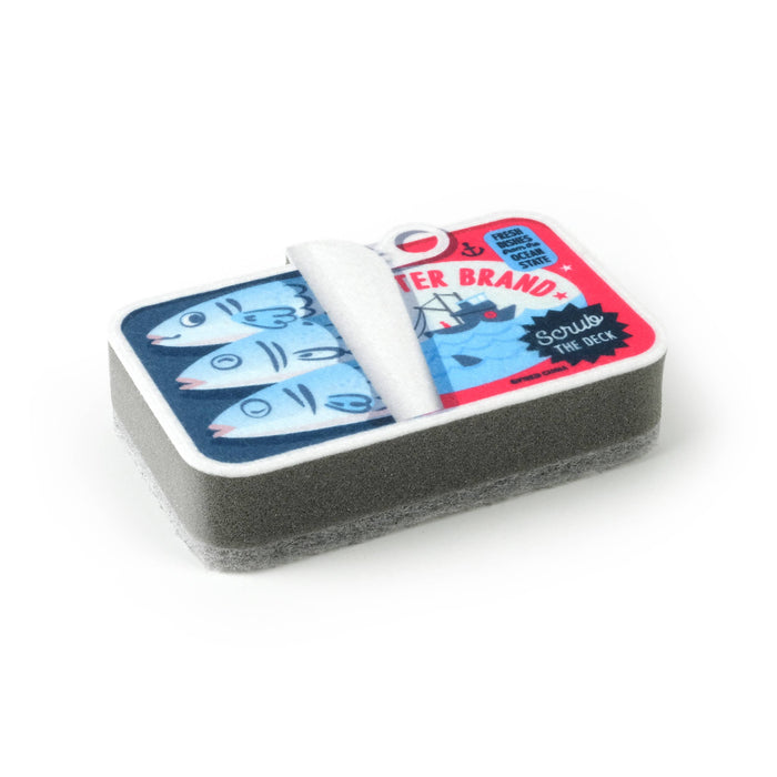 Set of two Fred & Friends TIDY TINS sardines-themed kitchen sponges with colorful fish design.
