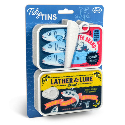 Set of 2 Fred & Friends TIDY TINS sardines-shaped kitchen sponges with colorful, textured surfaces for cleaning.