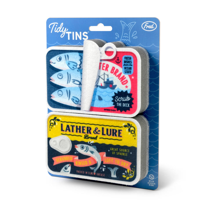 Set of two TIDY TINS sardines-shaped sponges by Fred & Friends, colorful kitchen cleaning sponges with fun sardine design.