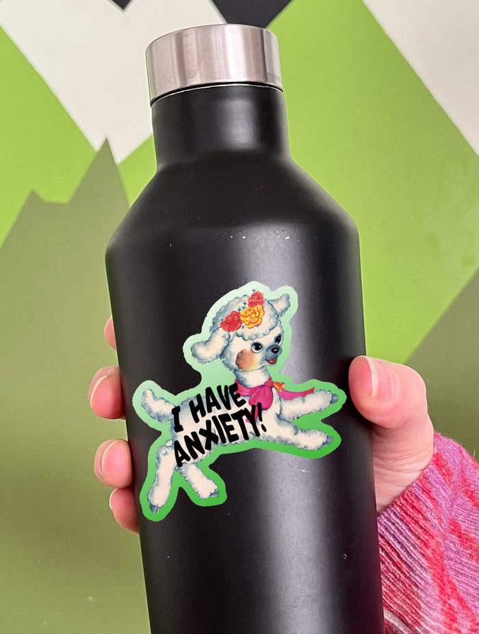 Sticker featuring the phrase "I Have Anxiety" by The Coin Laundry, showcasing a colorful and expressive design for mental health awareness.