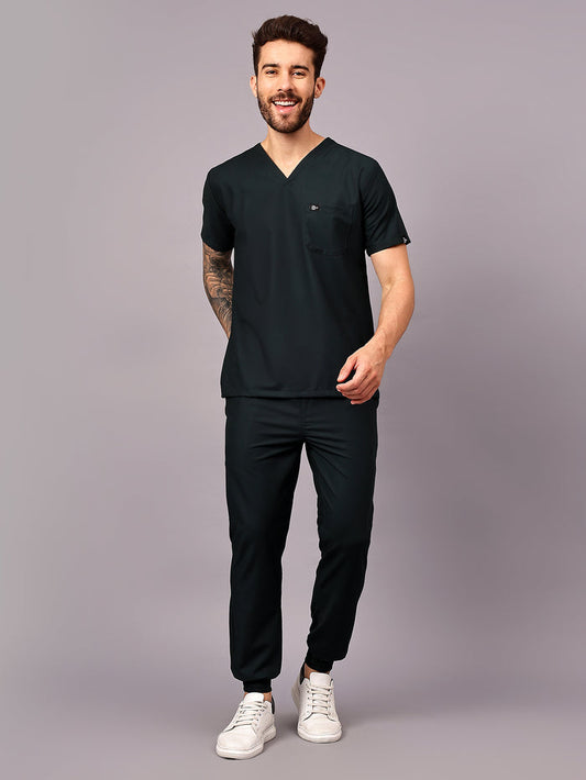 Stretchable (4Way) Men Mid Night Green V-Neck With Jogger Scrub Set
