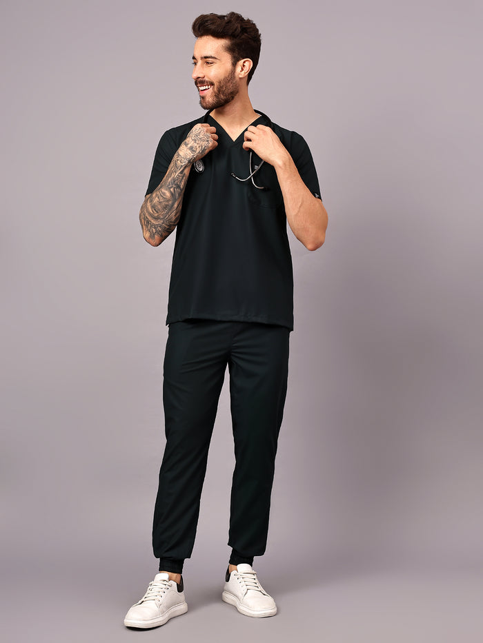 Stretchable (4Way) Men Mid Night Green V-Neck With Jogger Scrub Set