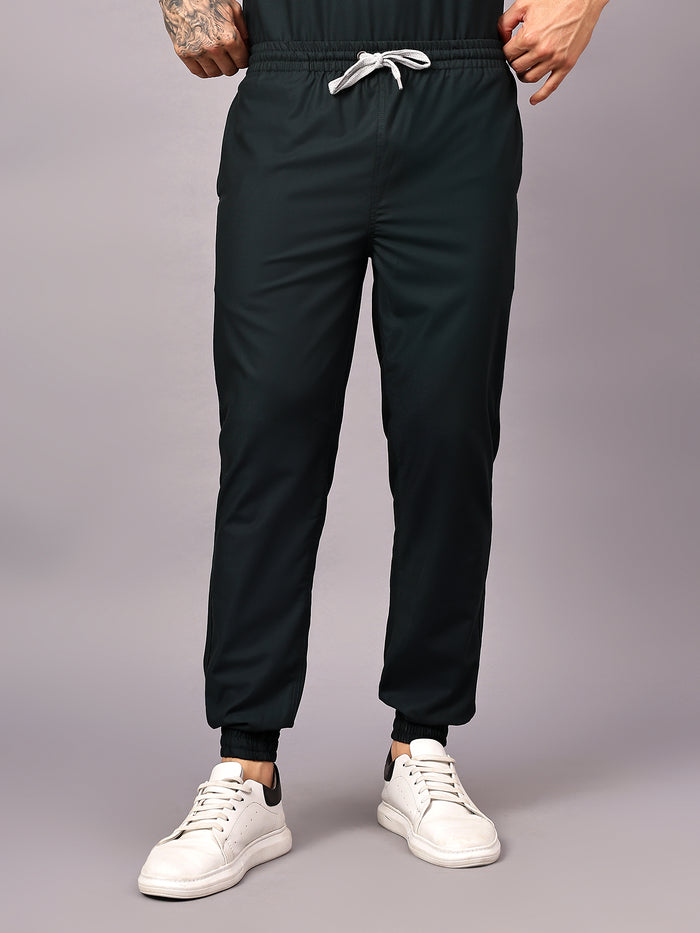 Stretchable (4Way) Men Mid Night Green V-Neck With Jogger Scrub Set