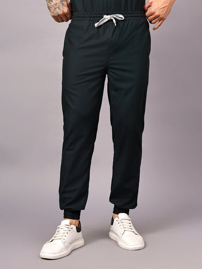 Stretchable (4Way) Men Mid Night Green V-Neck With Jogger Scrub Set