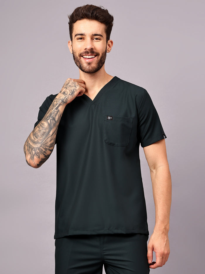 Stretchable (4Way) Men Mid Night Green V-Neck With Jogger Scrub Set