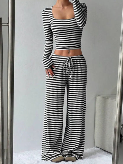 Striped Long Sleeve Crop Top & Wide Leg Pants Set