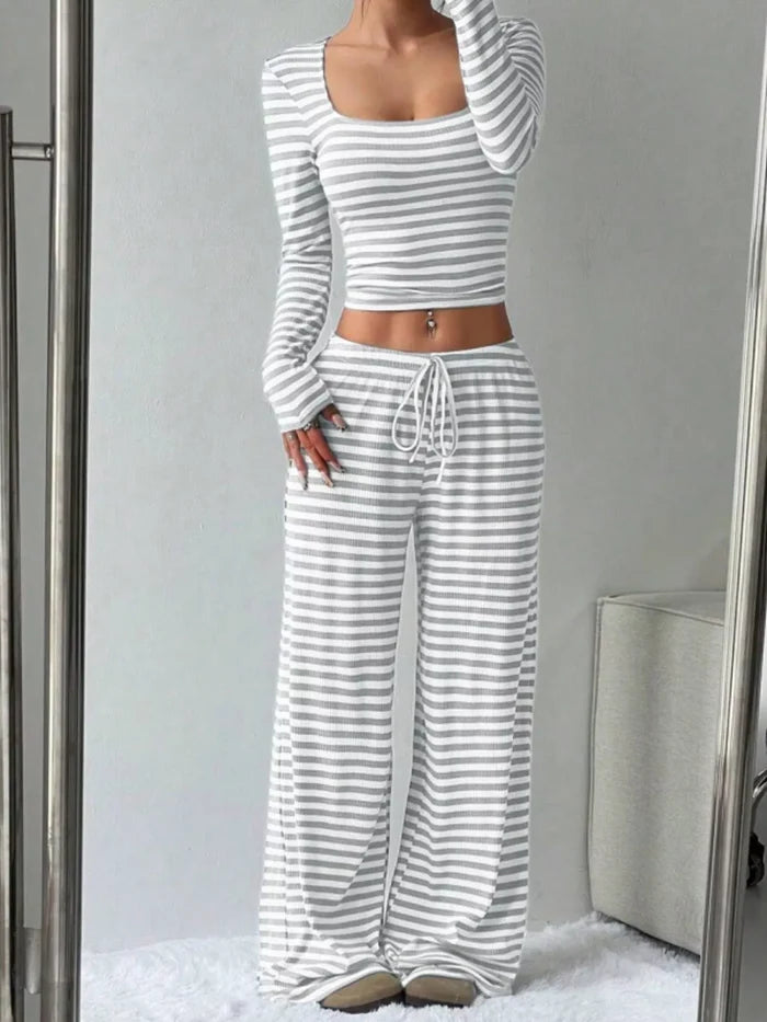 Striped Long Sleeve Crop Top & Wide Leg Pants Set