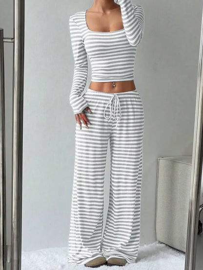 Striped Long Sleeve Crop Top & Wide Leg Pants Set