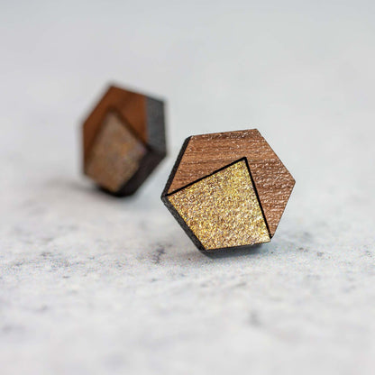 Wooden Laser Cut Earrings - Walnut with Gold Mountain Hexagon - by LeeMo Designs in Bend, Oregon