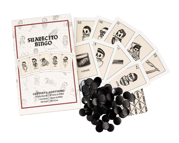 Suavecito Bingo game set with cards and chips on a white background