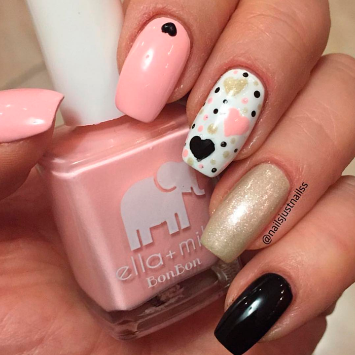 Sugar Puff baby pink nail polish with heart, gold and black accent nail art