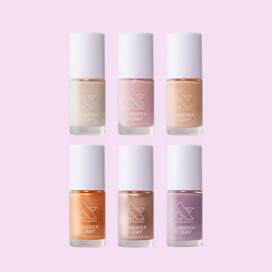 Sweet & Neutral set featuring six quick dry nail polishes in soft sheers, opaques, and subtle shimmer shades for at-home mani