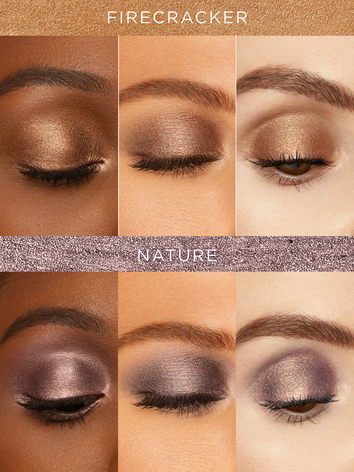 Eye makeup swatches labeled 'Firecracker' and 'Nature' on a brown background.