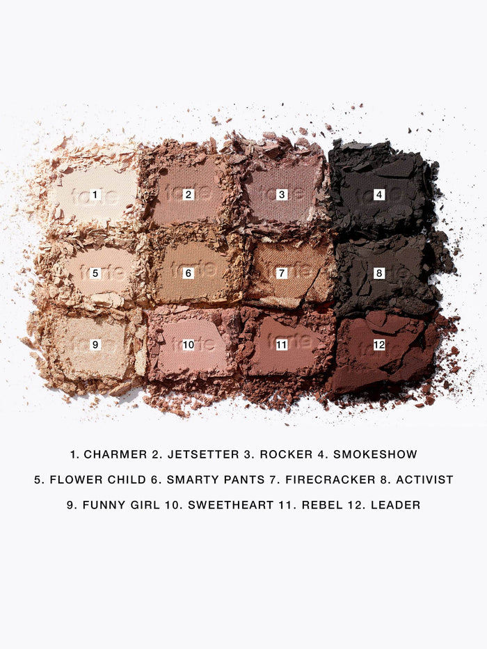 Makeup palette with twelve shades of eyeshadow, labeled from 'Charmer' to 'Leader'.