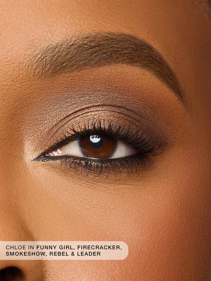 Close-up of a brown eye with makeup, featuring product names.