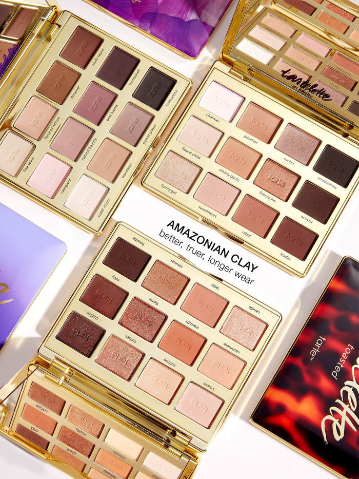 Makeup palettes with 'Amazonian Clay' text on a white background