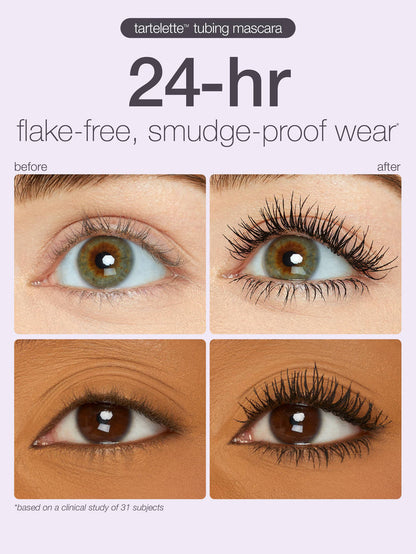 Advertisement for tartelette tubing mascara showing before and after effects on eye lashes.