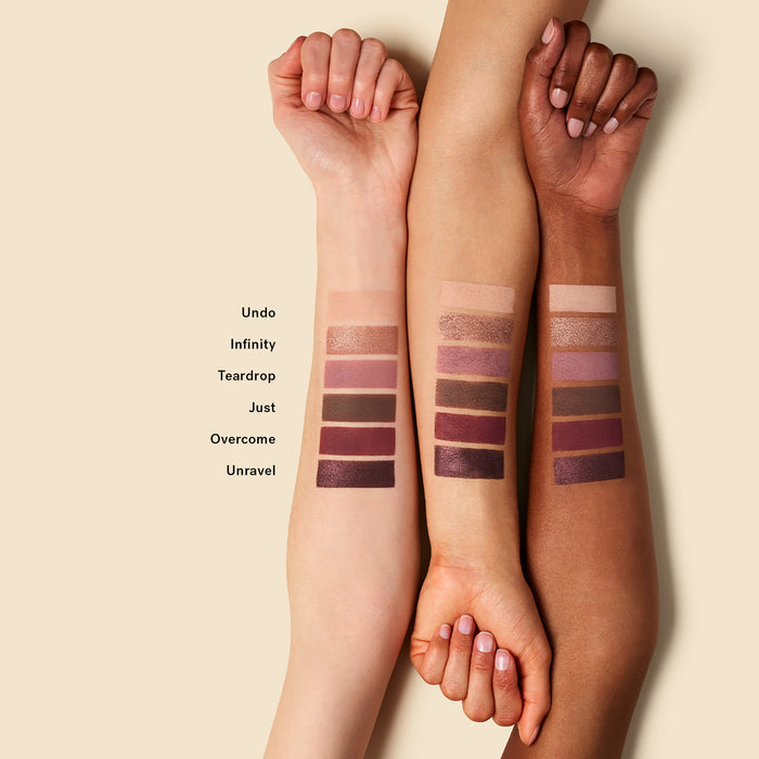 ILIA Necessary Palette "Cool Nude" swatches on light, medium, and dark skin tones
