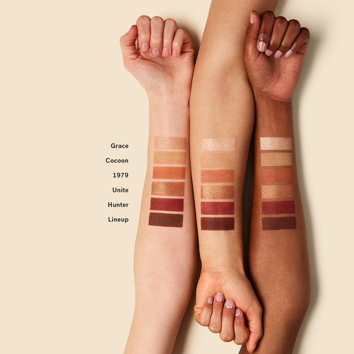 ILIA Necessary Palette "Warm Nude" swatches on light, medium, and dark skin tones