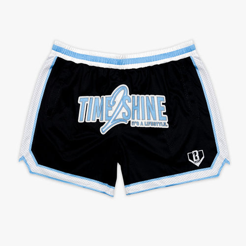 Adult model wearing shorts with "Time 2 Shine" design